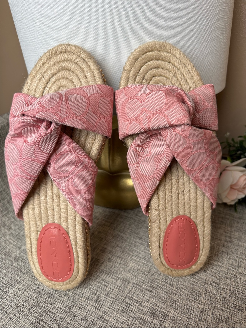 Coach Pink Canvas Knot Espadrille Slides with Jute Sole
